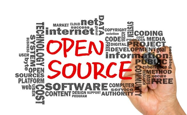 Hand schreibt „Open Source“ inmitten einer Wortwolke zu Software und Technologie